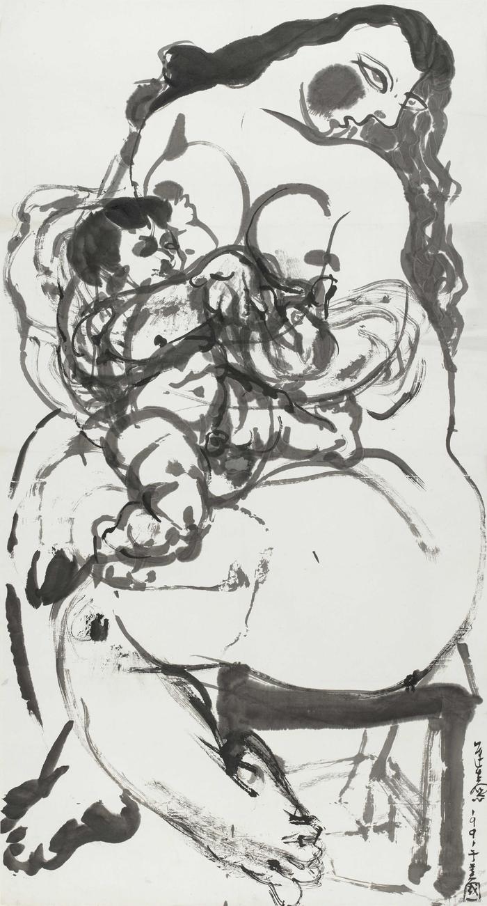 母与子,纸本水墨,196x177cm,1991