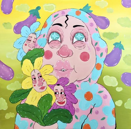 杜秋锐 Qiurui Du《壁花小姐:如果眼泪有颜色 Lady Wall Flower:If Tears were in Colors》布面丙烯 Acrylic on canvas 100x100cm 2021