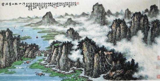 云涌青山壮山河, 69x136cm,2016年作,水墨设色