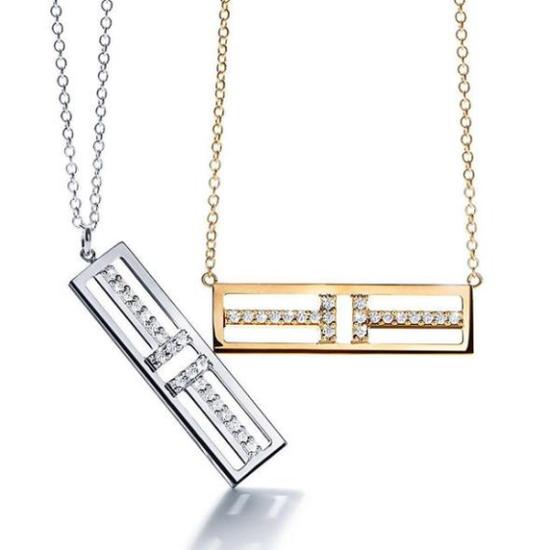 Tiffany & Co。 蒂芙尼T系列T Two 18K白金镶钻及18K黄金镶钻吊坠
