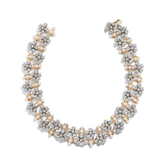 Tiffany & Co. 蒂芙尼Schlumberger 高级珠宝系列 18K黄金及铂金镶嵌Akoya珍珠及圆形明亮式切割钻石“繁花似锦”项链