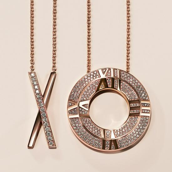 Tiffany & Co. 蒂芙尼Atlas X系列18K玫瑰金镶钻X形吊坠与铺镶钻石圈形吊坠