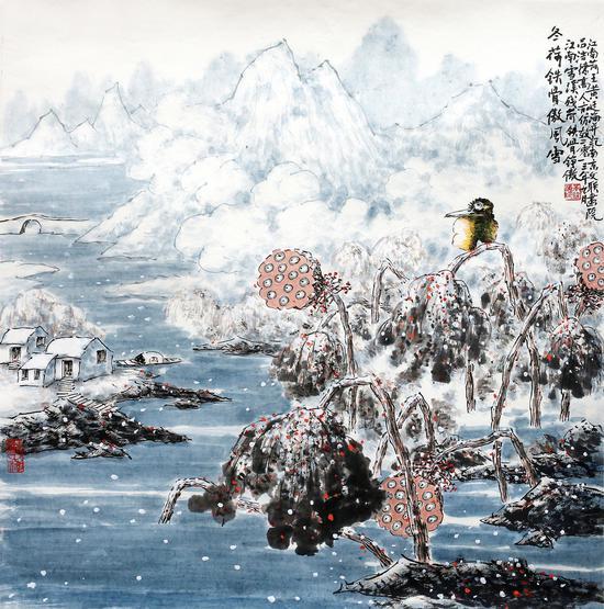 冬荷铁骨傲风雪,69x69cm,2013年作,水墨设色