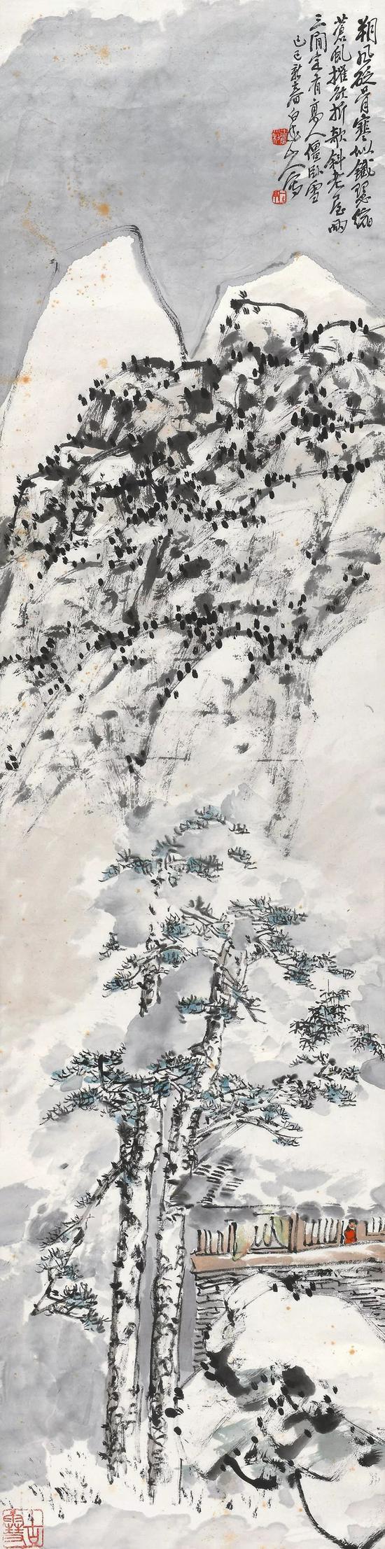 Lot351 王震(1867-1938) 雪岭高士 己巳(1929年)作 立轴 设色纸本 出版: 《王一亭作品集》第50页,(日本京都)思文阁,1969年 《王一亭的使用印和书画》第97页,(日本京都)丸孙商店出版部,2016年1月 展览: “王一亭书画作品展”,(日本京都)思文阁,1969年2月25日至3月2日 135.5×33.2 cm。 约4.1平尺 题盒:(小笹喜三题)王一亭《高人雪屋图》。燕安居。 钤印:筱喜三印 本幅:朔风砭骨寒似铁,瑟缩苍虬摧欲折。欹斜老屋两三间,定有高人僵卧雪。己巳新春,白龙山人写。 钤印:王震大利、一亭、古雪