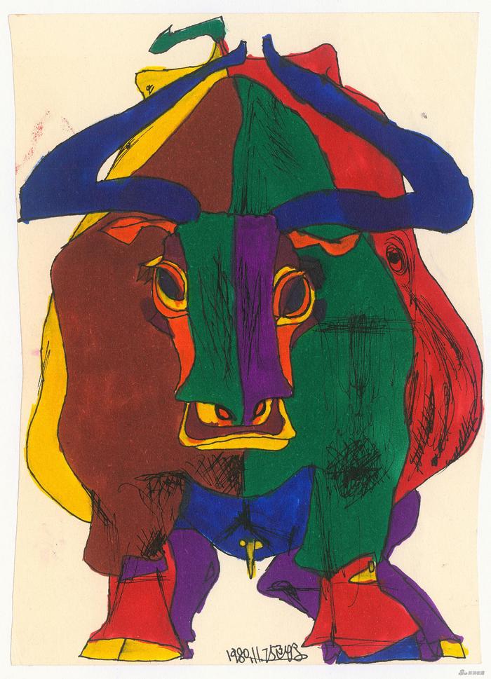 牛,(房宿),纸本水彩、钢笔,20.5x15cm, 1980