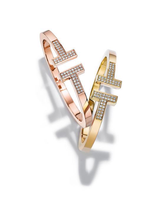 Tiffany&Co. 蒂芙尼T系列18K玫瑰金及黄金镶钻手镯