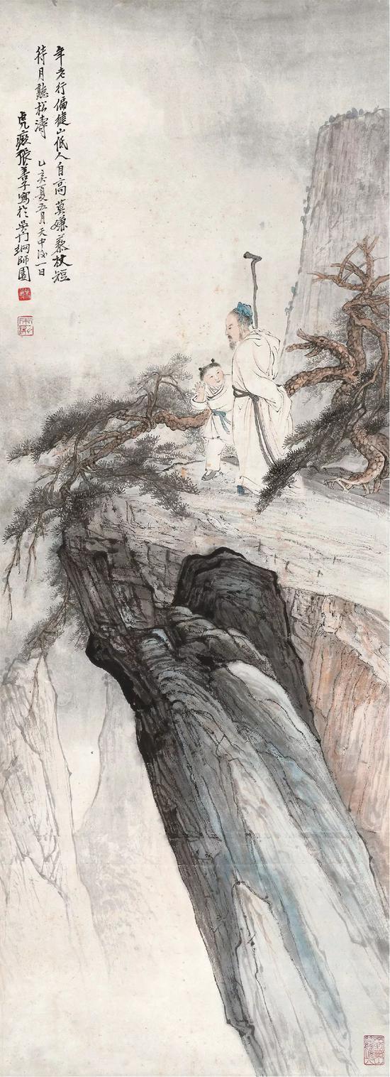Lot 143 张善孖 待月听松涛 立轴 设色纸本 1935年作 出版:《大观月刊·第13期》第30页,(台北)雅墨文化事业有限公司,2010年10月《中国近代绘画丛刊·张善孖》第98至99页,(台北)雅墨文化事业有限公司,2014年12月 纪录:北京拍卖会,1999年7月3日,编号454 尺寸:108.5×39.5 cm。 约3.9平尺