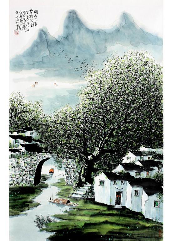 周庄古镇, 69x46cm,1999年作,水墨设色
