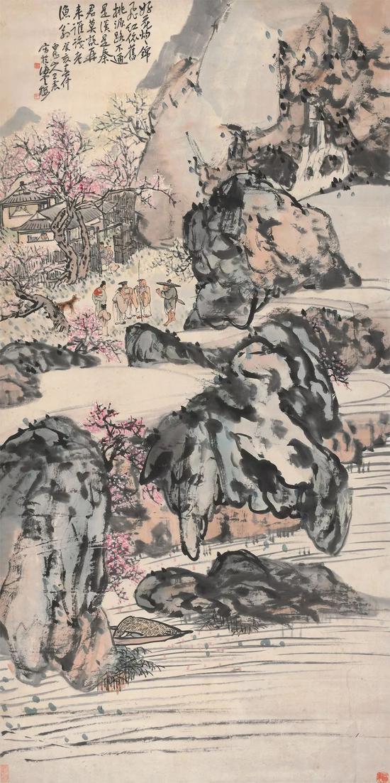 Lot348 王震(1867-1938) 桃花源 癸亥(1923年)作 立轴 设色纸本 出版: 《现代名画集》图版,上海美术用品社,1923年5月 《观海楼藏海上书画集》第91页,上海书画出版社,2010年9月 《王一亭的使用印和书画》第80页,(日本京都)丸孙商店出版部,2016年1月 137×68.5 cm。 约8.5平尺 题识:好花灼灼锦飞红,依旧桃源路不通。是汉是秦君莫说,再来谁识老渔翁。癸亥春仲,白龙山人王震写于海云楼。 钤印:王震之印、一亭、海云楼 收藏印:松玉楼书画珍藏