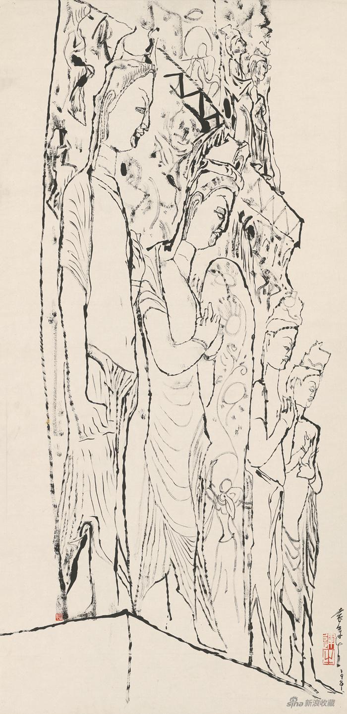 敦煌众佛像写生,宣纸水墨,66x137cm,1981