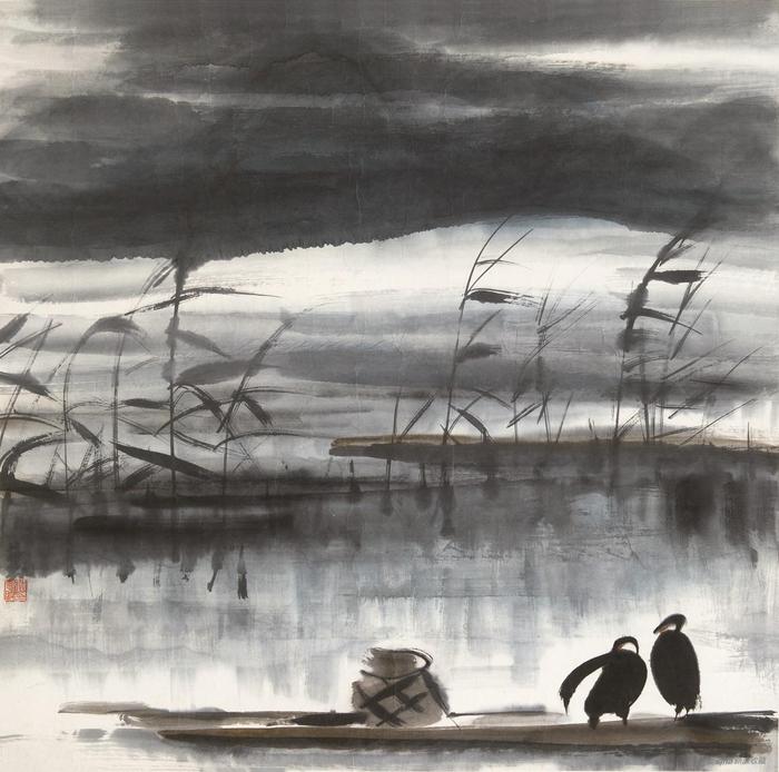 林风眠(1900-1991)-芦塘双栖-纸本镜心-66×66cm