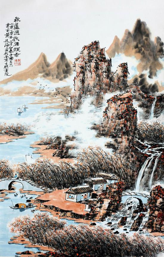 秋芦渔歌酒飘香, 69x46cm,2010年作,水墨设色