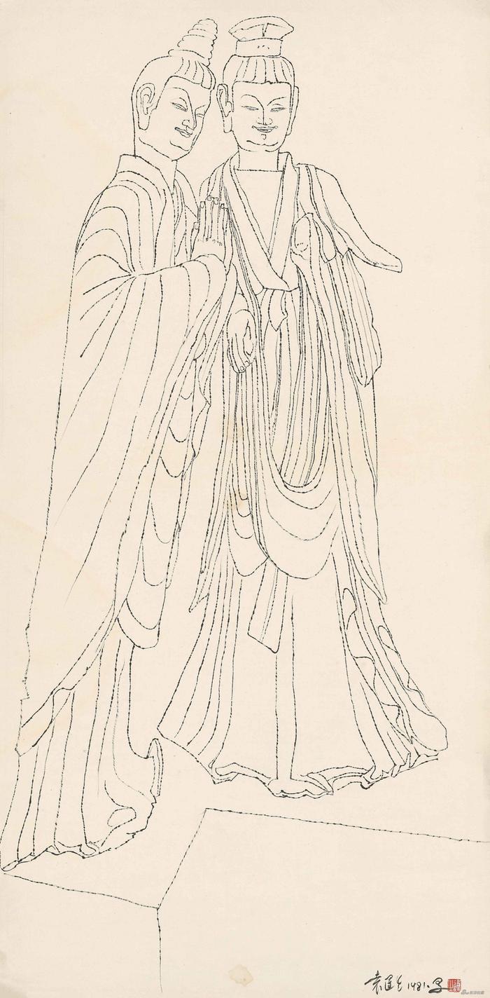 麦积山双佛像白描,宣纸水墨,138.5x69.5cm,1981