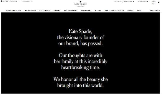 Kate Spade美国官网今天首页呈现黑白色,并且发布悼念公告