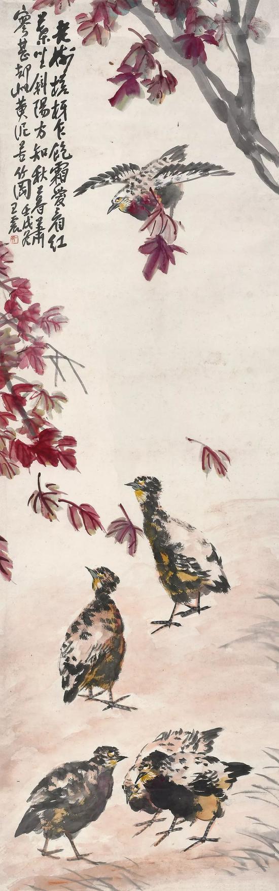 Lot326 王震(1867-1938) 红叶鹧鸪 壬戌(1922年)作 立轴 设色纸本 出版: 《中国名画家全集·王一亭》第20页,河北教育出版社,2002年12月 《王一亭的使用印和书画》第76页,(日本京都)丸孙商店出版部,2016年1月 146×46 cm。 约6.1平尺 题识:老树槎枒乍饱霜,爱看红叶坐斜阳。方知秋暮萧寥甚,却似黄泥苦竹冈。壬戌冬,王震。 钤印:一亭