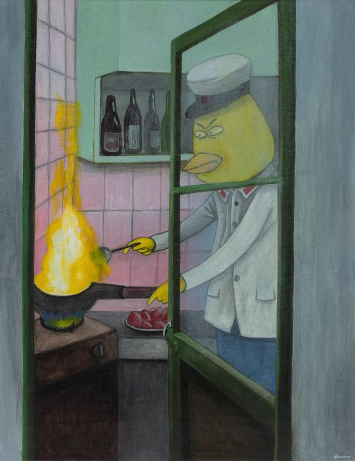 彭磊|Peng Lei 《炒菜》|Sautéing 布面丙烯|Acrylic on canvas,50 × 40 cm,2016 ©艺术家和星空间