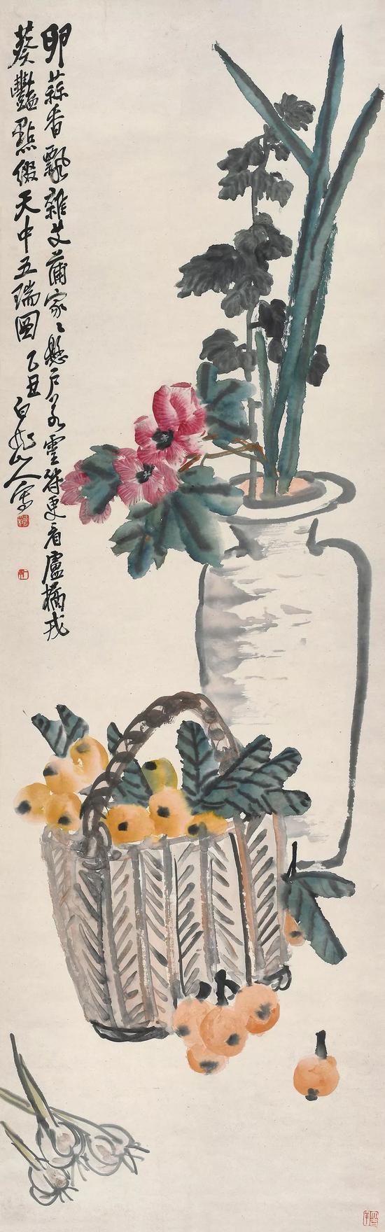 Lot368 王震(1867-1938) 天中五瑞 乙丑(1925年)作 立轴 设色纸本 出版: 《王一亭的使用印和书画》第86页,(日本京都)丸孙商店出版部,2016年1月 147.7×45.8 cm。 约6.1平尺 题识:卵蒜香飘杂艾蒲,家家悬户若灵符。更看卢橘戎葵艳,点缀天中五瑞图。乙丑,白龙山人写。 钤印:王震大利、一亭、大吉祥