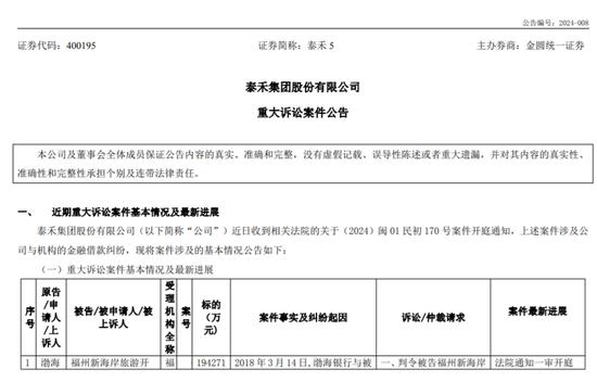 因子公司未按时足额偿还贷款本息19.43亿元，泰禾黄其森夫妇遭渤海银行起诉