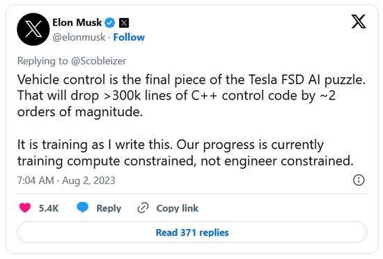 马斯克：特斯拉正在开发“FSD AI的最后一块拼图”