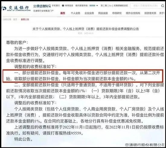 交通银行8月1日发布提前还款需还赔偿金公告