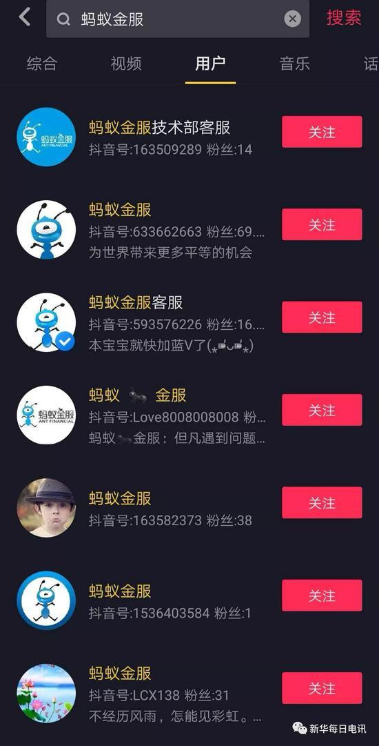 在抖音中以“蚂蚁金服”等关键词进行检索,出现大量山寨官方账号的用户,具有一定迷惑性。(手机截屏)