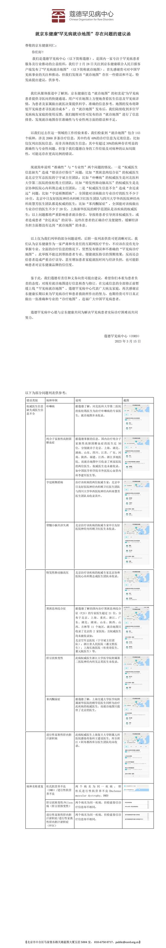 蔻德罕见病中心：恳请章泽天女士多了解一下京东健康“罕见病就诊地图”发挥的实际作用和存在的问题