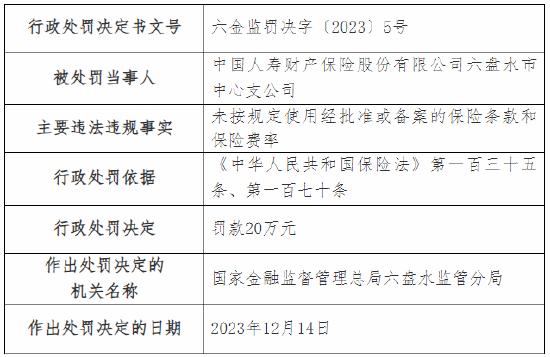 未按规定使用经批准或备案的保险条款和保险费率 国寿财险六盘水市中心支公司被罚20万元