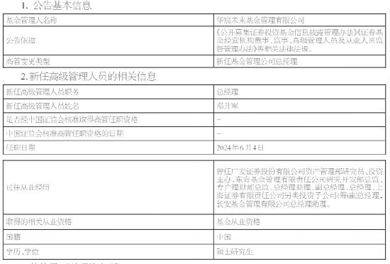 华宸未来基金新任邓升军为总经理 曾任长安基金总经理助理