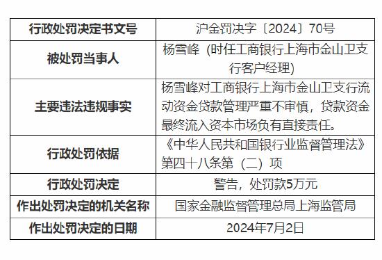 工行上海市金山卫支行一客户经理被罚5万元：流动资金贷款管理严重不审慎等