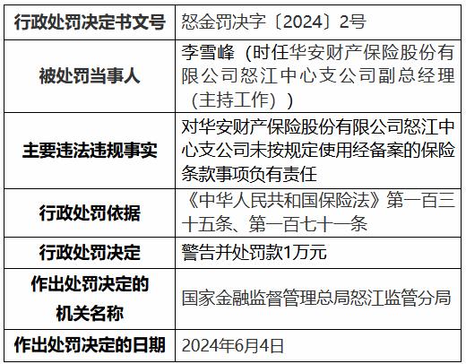 华安财险怒江中心支公司被罚10万元：未按规定使用经备案的保险条款
