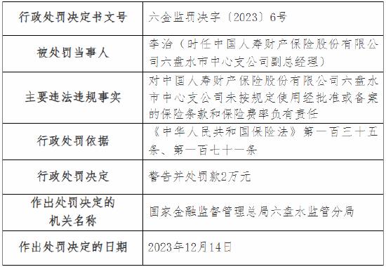 未按规定使用经批准或备案的保险条款和保险费率 国寿财险六盘水市中心支公司被罚20万元