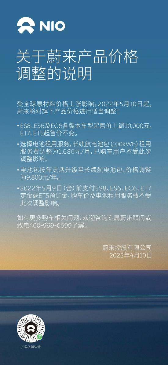 蔚来部分车型涨价1万元 长续航电池包租用价格部分调整