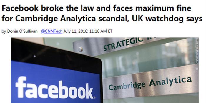 因剑桥分析丑闻 Facebook恐遭50万英镑最高罚款