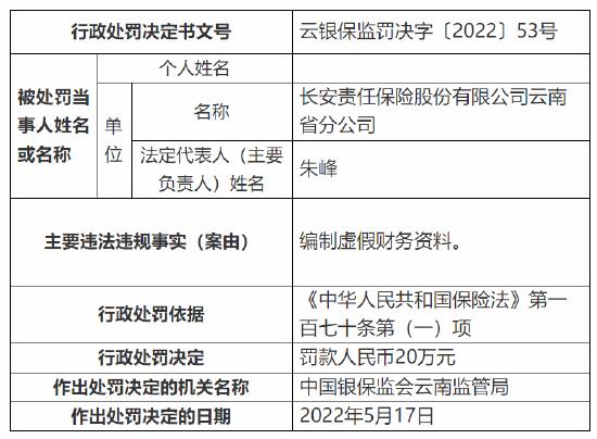 长安责任保险云南分公司被罚20万元：因编制虚假财务资料