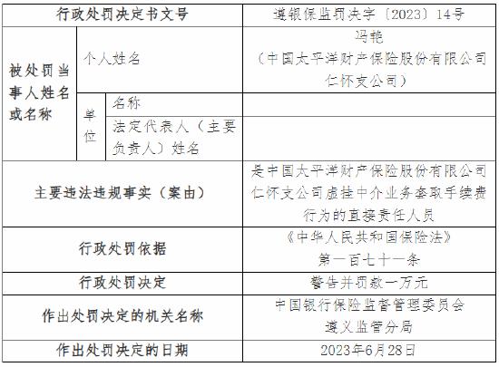 虚挂中介业务套取手续费 太保产险两支公司总计被罚18万元