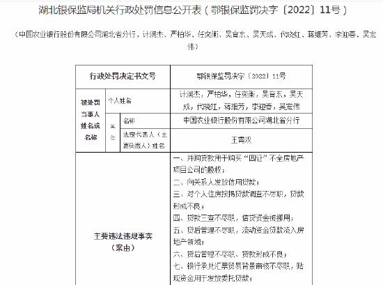 农行湖北省分行及多人被处罚 涉及贷后管理不尽职等多项问题