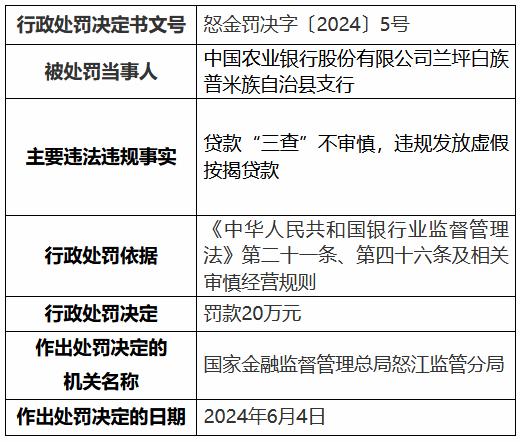 农业银行怒江分行、兰坪白族普米族自治县支行共计被罚50万元：违规发放虚假按揭贷款等