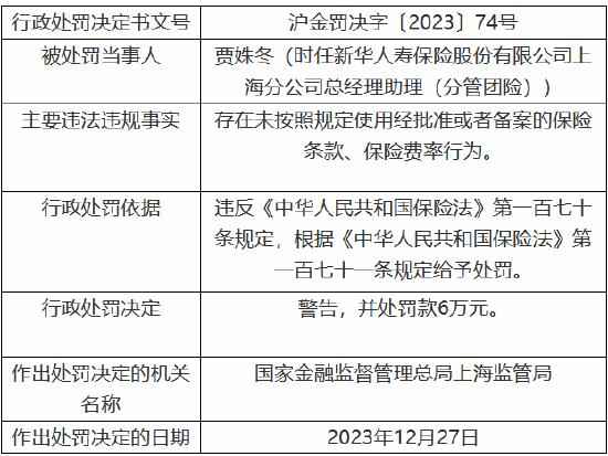 因存在欺骗投保人的行为等事由 新华人寿上海分公司被罚44万元