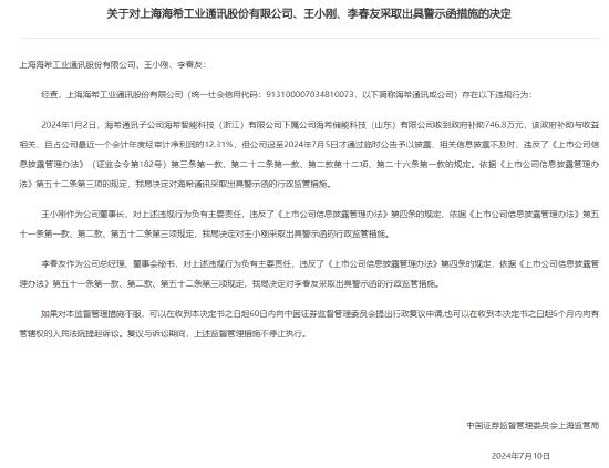 海希通讯及董事长信披违规收上海证监局警示函：今年1月收到747万政府补助，占净利润12%，到7月份才公告披露