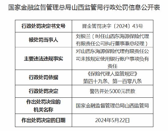 山西东海源保险代理收罚单：未按规定使用银行账户