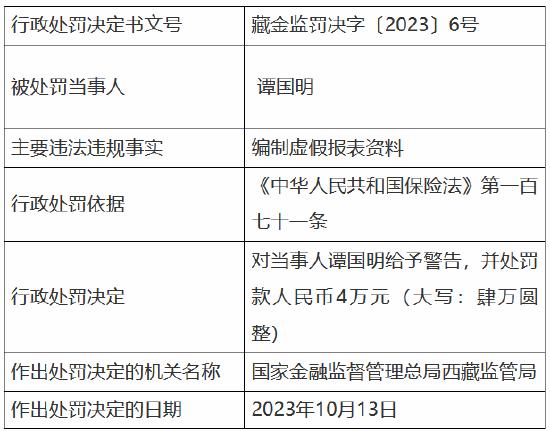 因编制虚假报表资料 阳光保险代理西藏分公司被罚20万元