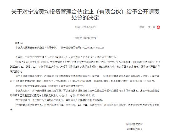 沪深交易所：对宁波灵均给予公开谴责处分决定