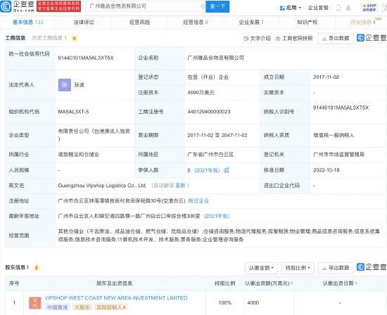 沈亚卸任广州唯品会物流公司法定代表人、执行董事、经理，由张波接任