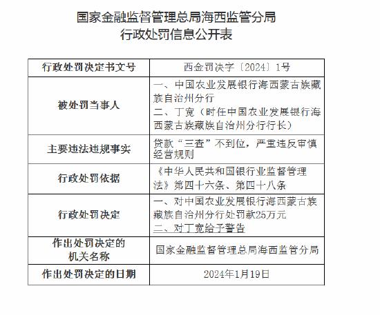 贷款“三查”不到位！农发行海西蒙古族藏族自治州分行被罚25万元