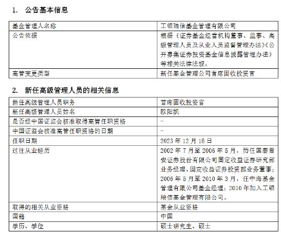 工银瑞信基金新任欧阳凯为首席固收投资官 曾为中海基金基金经理