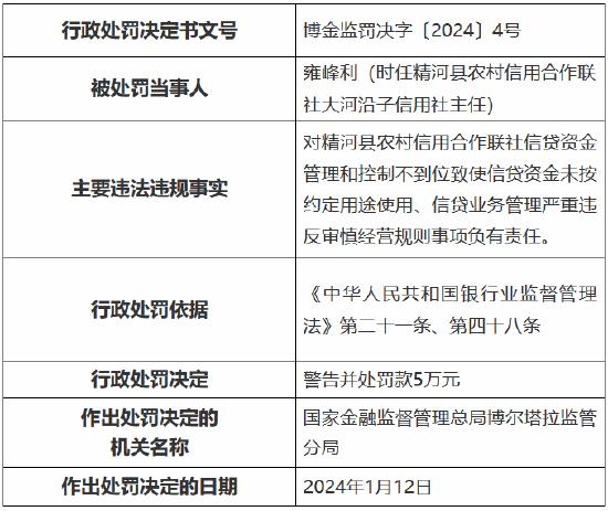 因信贷资金管理和控制不到位致使信贷资金未按约定用途使用等 精河县农村信用合作联社被罚55万元