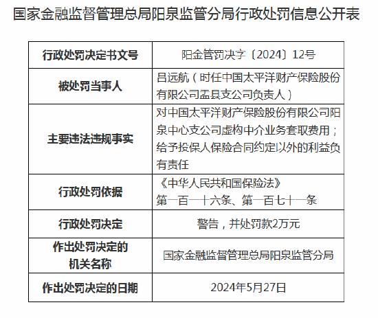 太平洋财险阳泉中心支公司被罚26万元：因虚构中介业务套取费用等