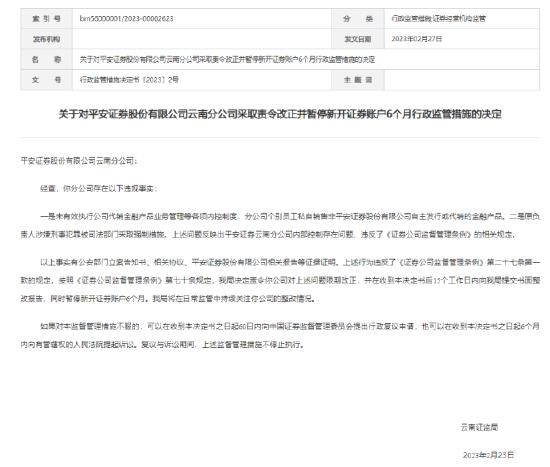 平安证券云南分公司被证监局处罚：暂停新开证券账户6个月，原负责人涉嫌刑事犯罪，内部控制存问题存问题