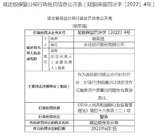 涉及违规通过以贷还贷方式掩盖资产质量等问题 吉林银行延边分行领多张罚单