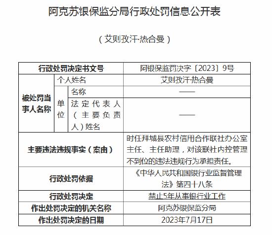 内控管理不到位！拜城县农村信用合作联社被罚30万元，理事长遭终身禁业